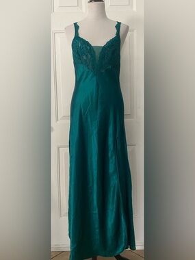 Vintage 90s Victoria's Secret Deep Green Satin Maxi Dlip Dress Mesh Lace Detail
